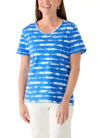 Petite Short Sleeve Striped Cotton V-Neck Top