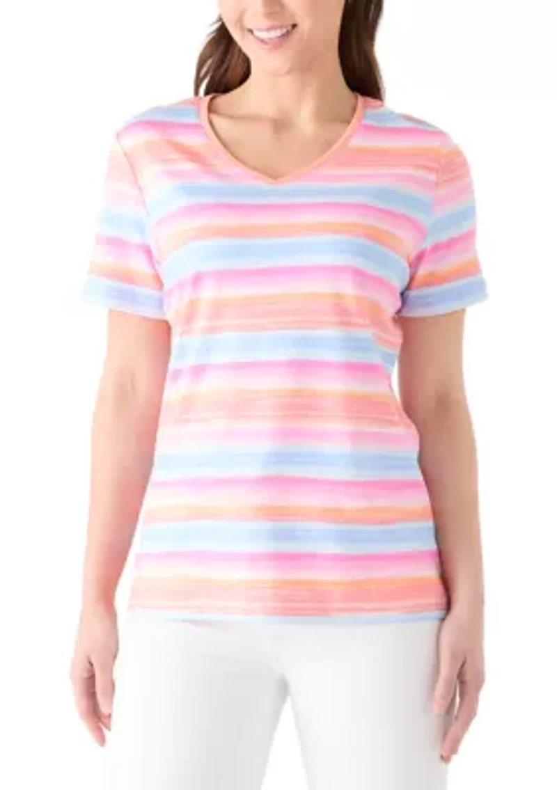 Petite Short Sleeve Striped Cotton V-Neck Top
