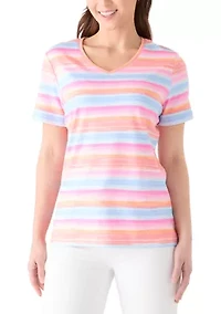 Petite Short Sleeve Striped Cotton V-Neck Top