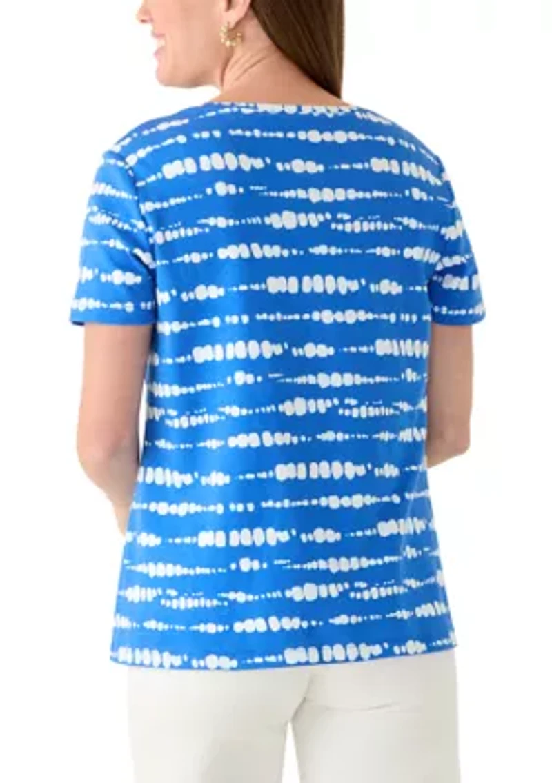 Petite Short Sleeve Striped Cotton V-Neck Top