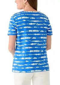 Petite Short Sleeve Striped Cotton V-Neck Top