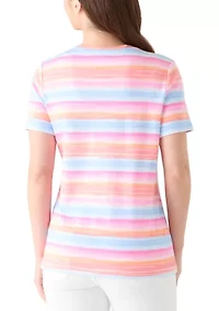 Petite Short Sleeve Striped Cotton V-Neck Top