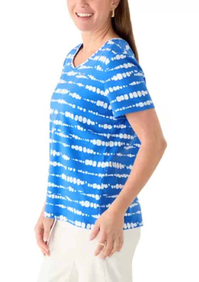 Petite Short Sleeve Striped Cotton V-Neck Top