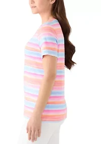 Petite Short Sleeve Striped Cotton V-Neck Top