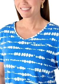 Petite Short Sleeve Striped Cotton V-Neck Top