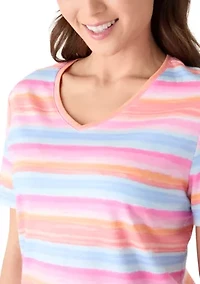 Petite Short Sleeve Striped Cotton V-Neck Top