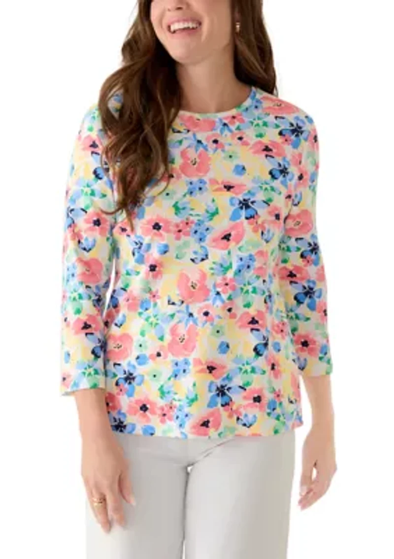 Petite Three-Quarter Crew Neck Printed Top