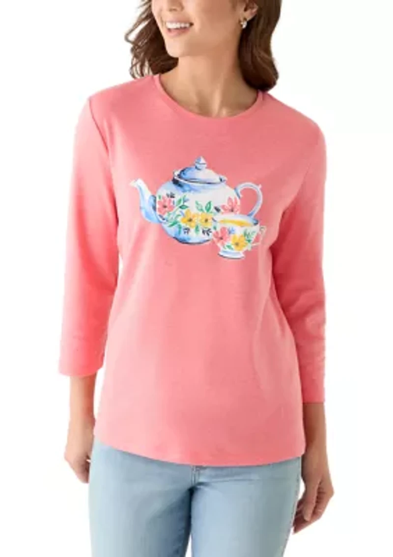 Petite 3/4 Sleeve Crew Neck Graphic Shirt