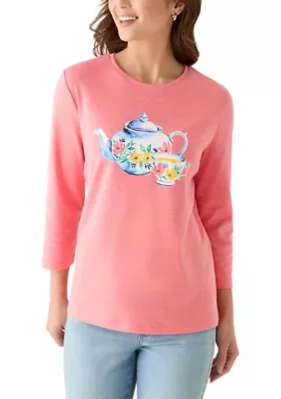 Petite 3/4 Sleeve Crew Neck Graphic Shirt