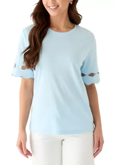 Petite Elbow Sleeve T-Shirt with Scallop Trim
