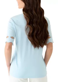 Petite Elbow Sleeve T-Shirt with Scallop Trim