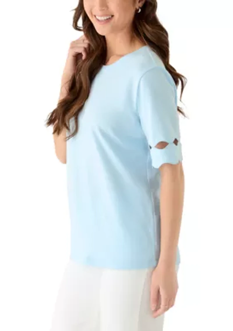 Petite Elbow Sleeve T-Shirt with Scallop Trim