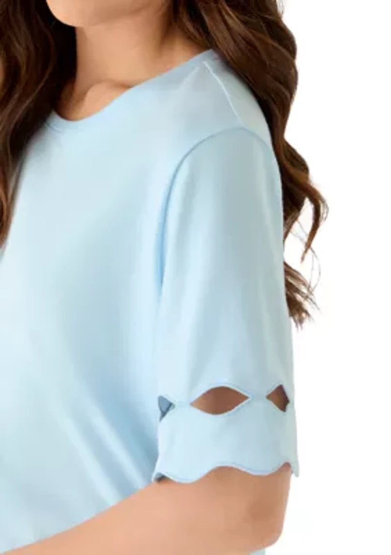 Petite Elbow Sleeve T-Shirt with Scallop Trim