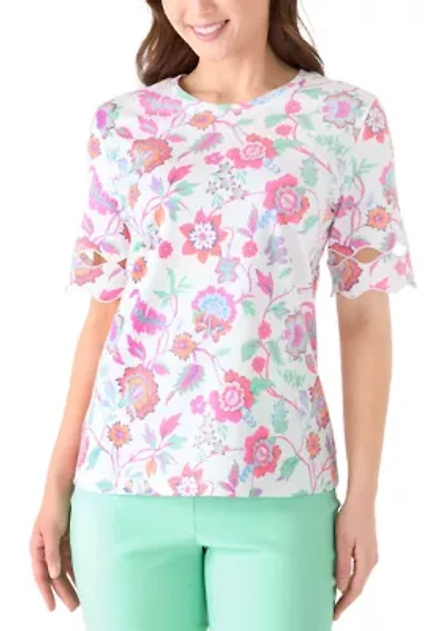 Petite Elbow Sleeve Print T-Shirt with Scallop Trim