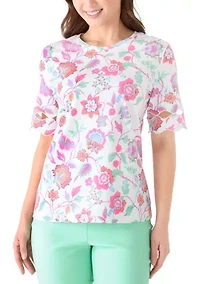 Petite Elbow Sleeve Print T-Shirt with Scallop Trim