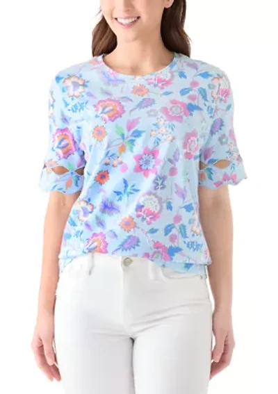 Petite Elbow Sleeve Print T-Shirt with Scallop Trim