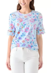 Petite Elbow Sleeve Print T-Shirt with Scallop Trim