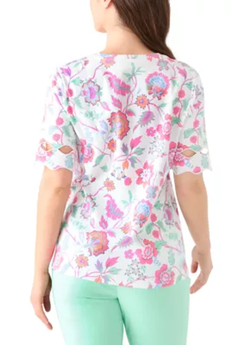 Petite Elbow Sleeve Print T-Shirt with Scallop Trim
