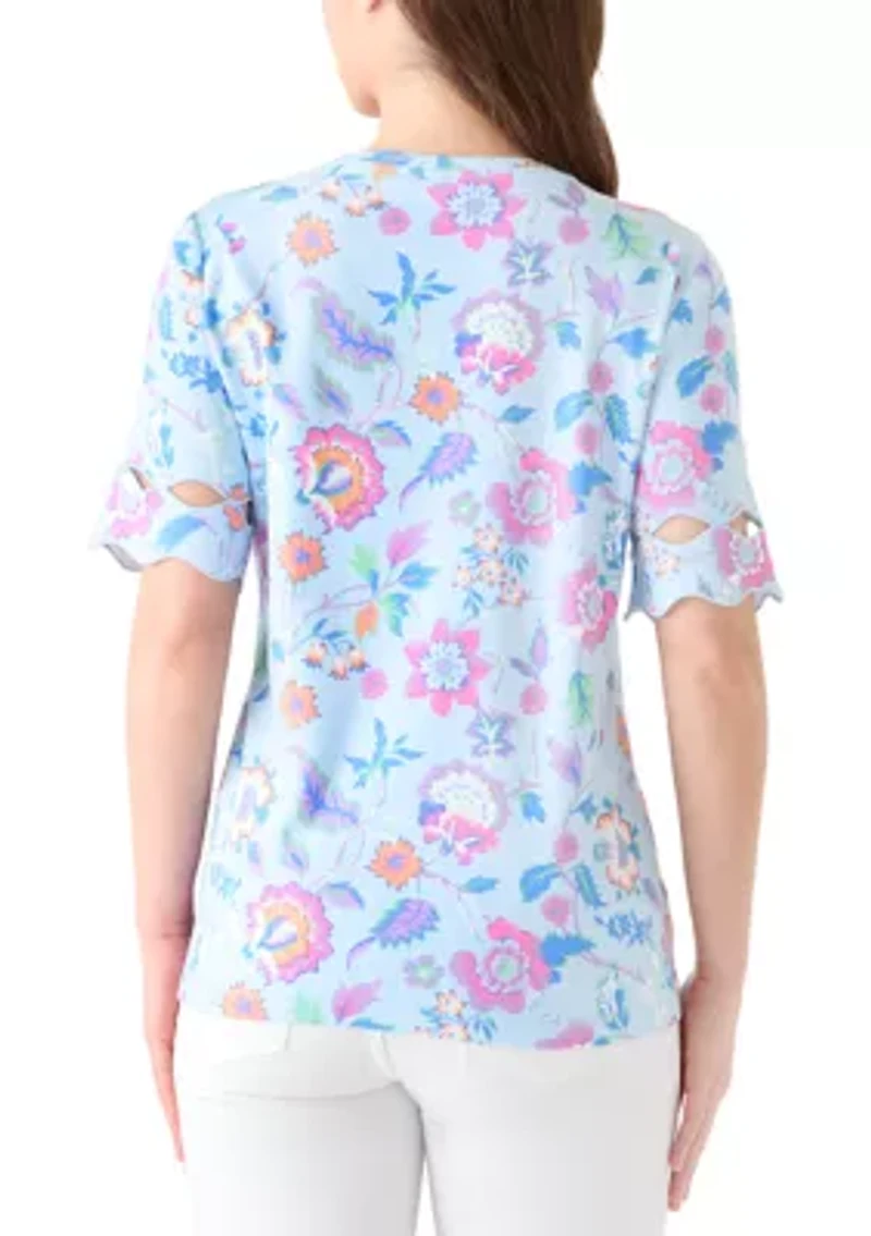 Petite Elbow Sleeve Print T-Shirt with Scallop Trim