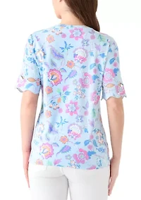 Petite Elbow Sleeve Print T-Shirt with Scallop Trim