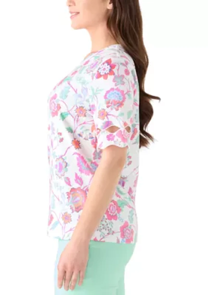 Petite Elbow Sleeve Print T-Shirt with Scallop Trim