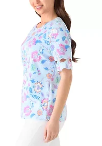 Petite Elbow Sleeve Print T-Shirt with Scallop Trim