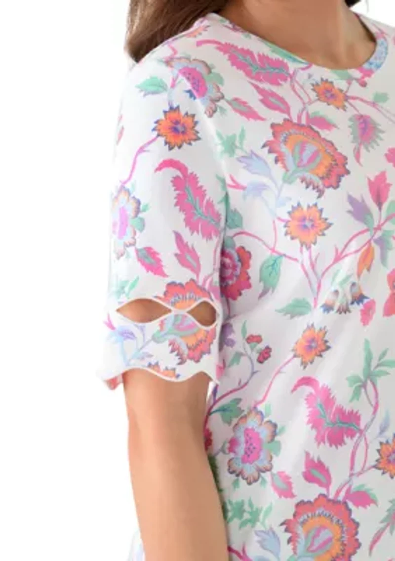 Petite Elbow Sleeve Print T-Shirt with Scallop Trim