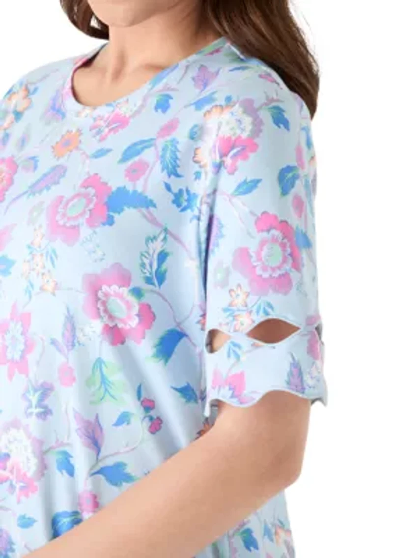Petite Elbow Sleeve Print T-Shirt with Scallop Trim