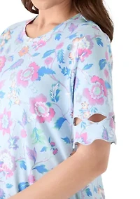Petite Elbow Sleeve Print T-Shirt with Scallop Trim