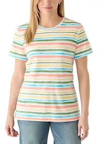 Women's Short Sleeve Crew Neck Printed Striped Shirt