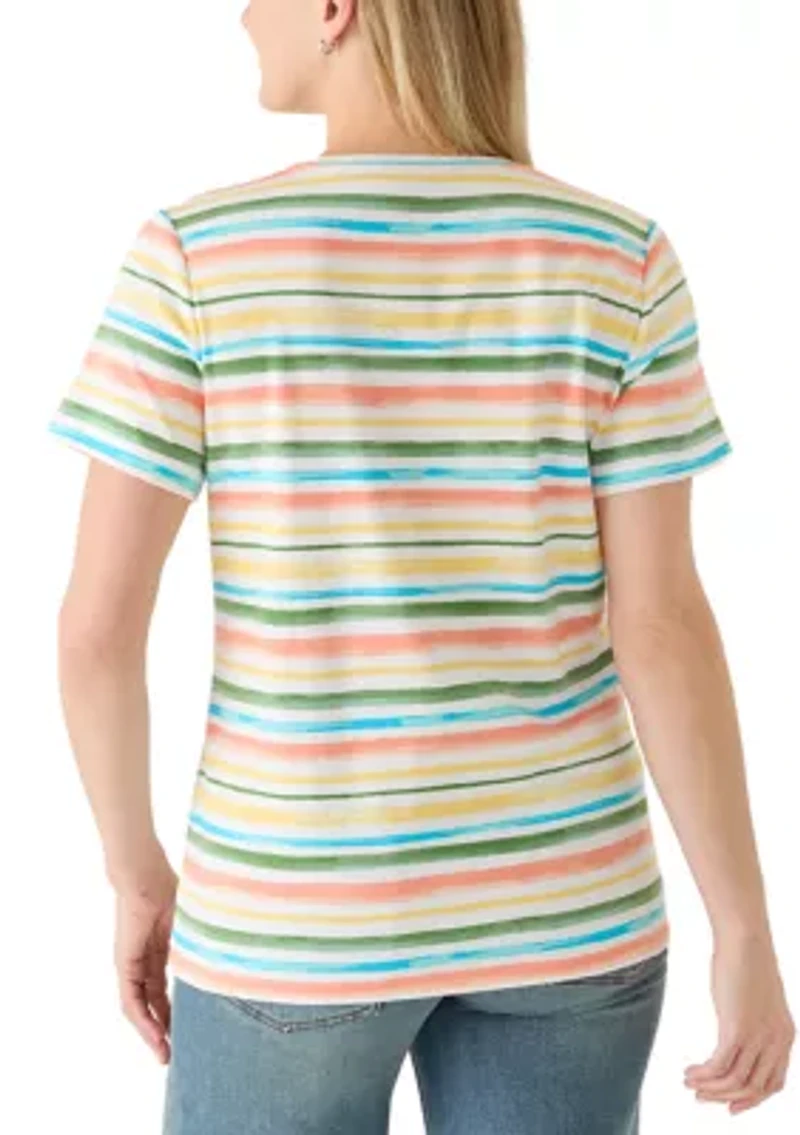 Women's Short Sleeve Crew Neck Printed Striped Shirt