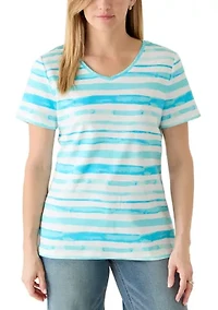 Women's Short Sleeve V-Neck Printed Striped Shirt