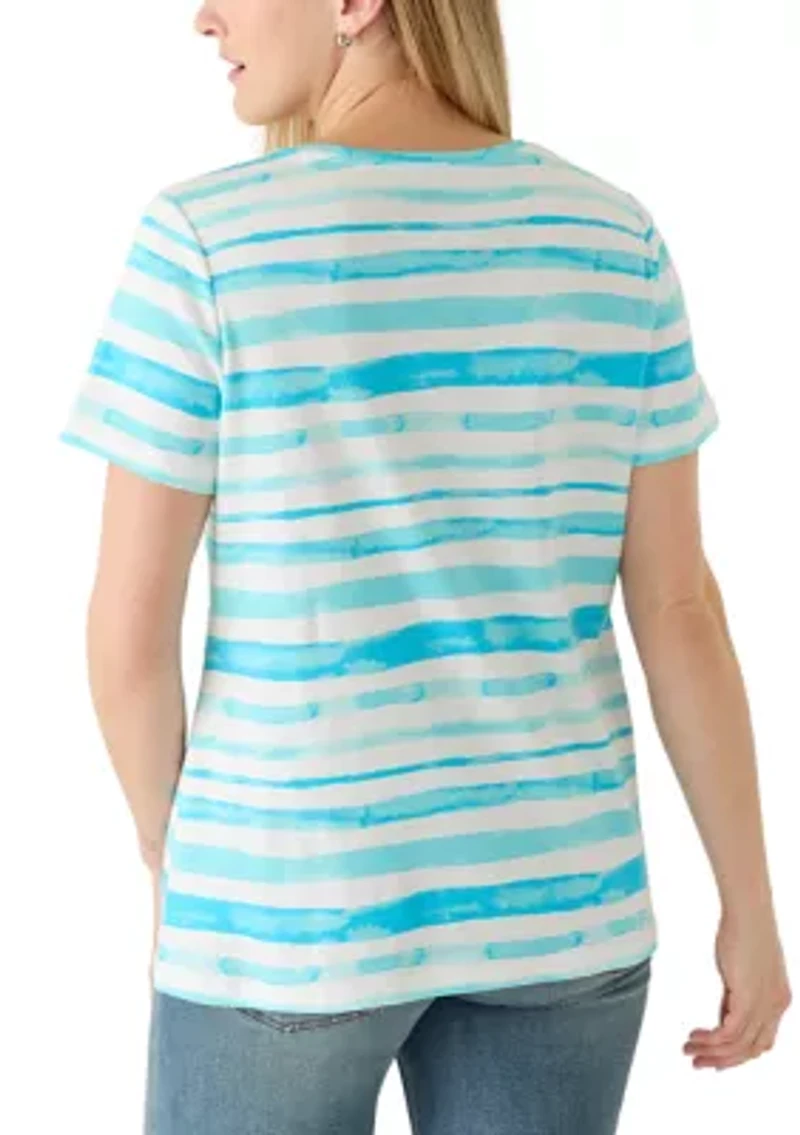 Women's Short Sleeve V-Neck Printed Striped Shirt