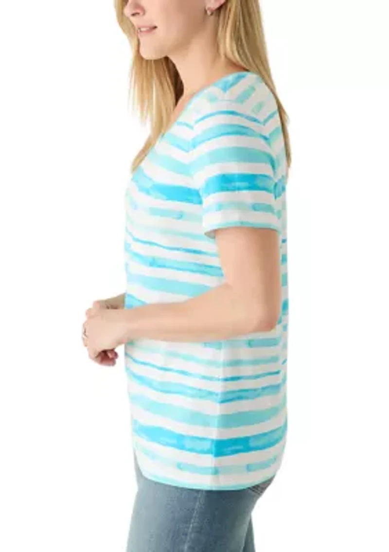 Women's Short Sleeve V-Neck Printed Striped Shirt