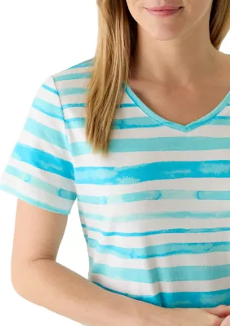 Women's Short Sleeve V-Neck Printed Striped Shirt
