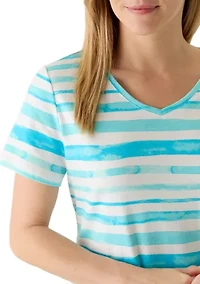 Women's Short Sleeve V-Neck Printed Striped Shirt