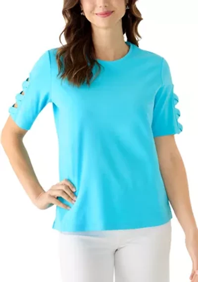 Women's Wide Crew Neck Elbow Braided Sleeve Top