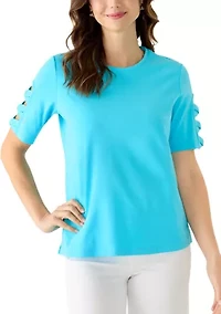 Women's Wide Crew Neck Elbow Braided Sleeve Top