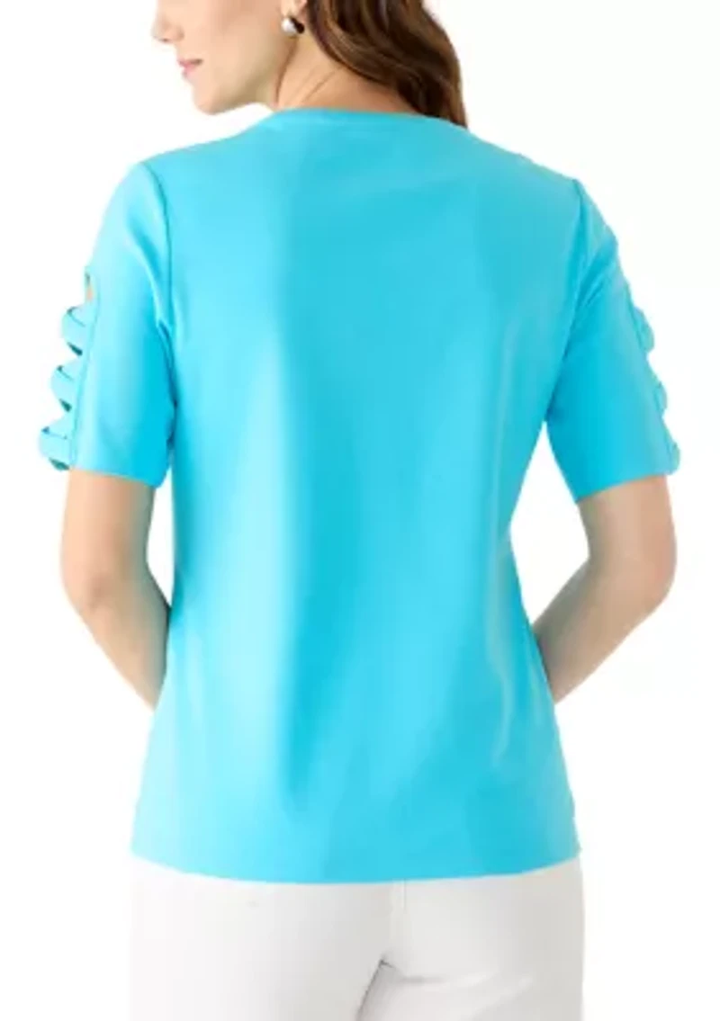 Women's Wide Crew Neck Elbow Braided Sleeve Top