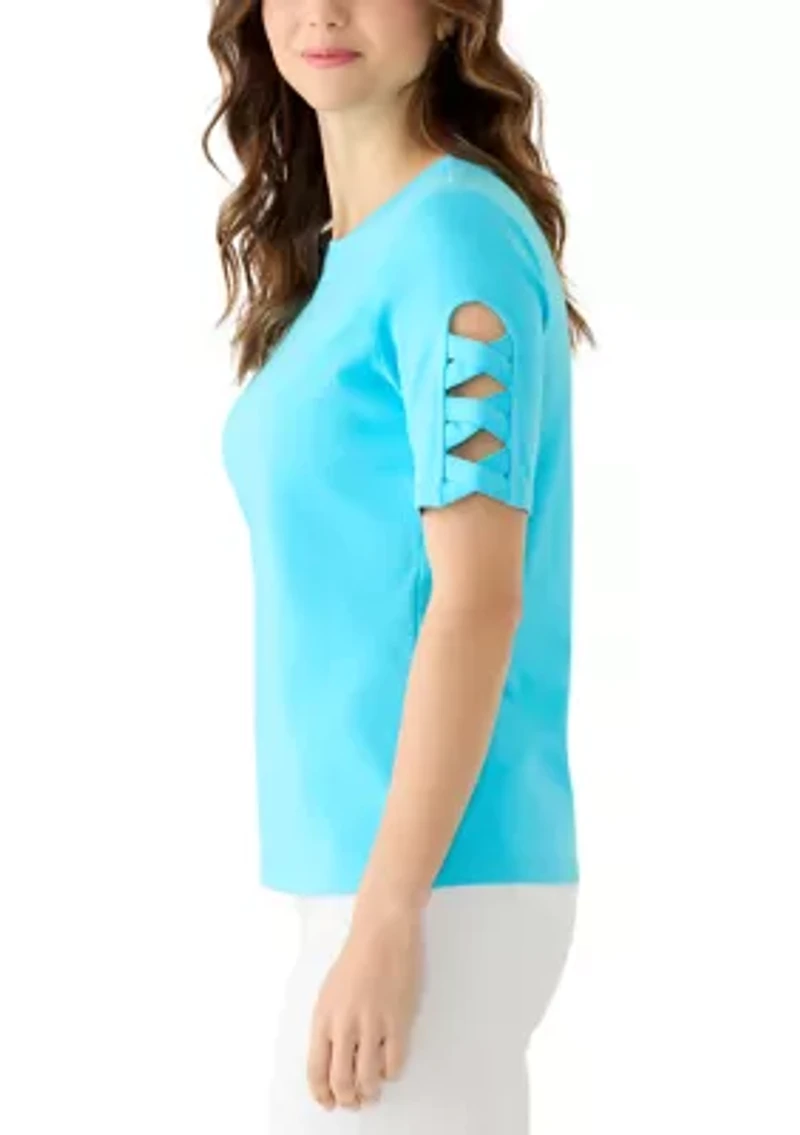 Women's Wide Crew Neck Elbow Braided Sleeve Top