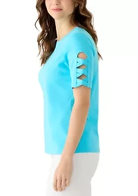 Women's Wide Crew Neck Elbow Braided Sleeve Top