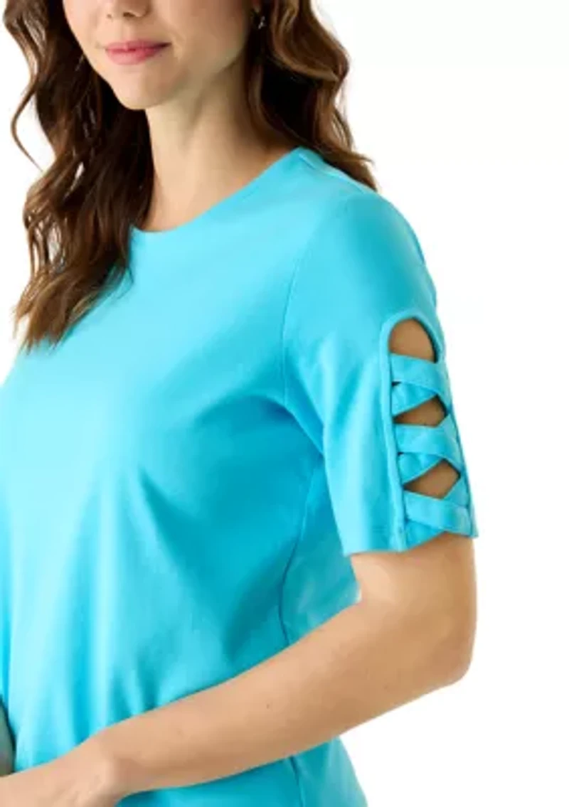 Women's Wide Crew Neck Elbow Braided Sleeve Top