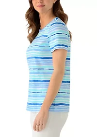 Women's Short Sleeve Crew Neck Striped Printed Top