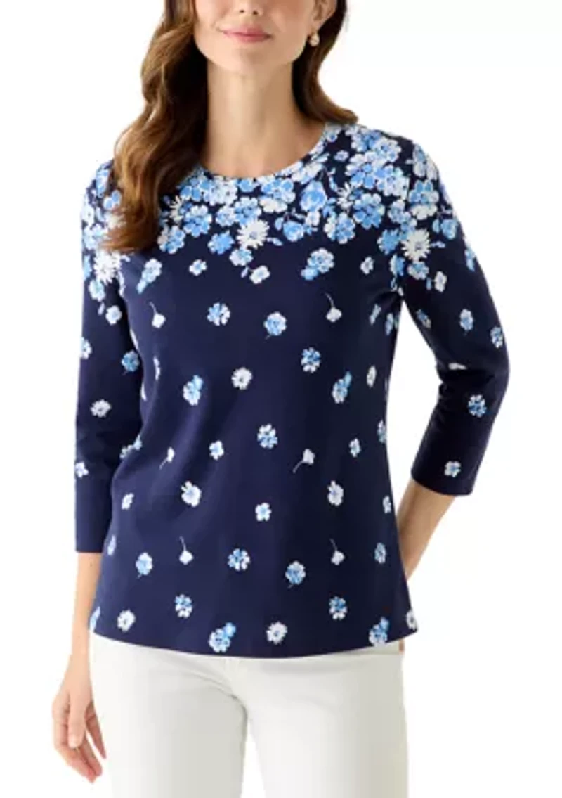 Women's Three-Quarter Sleeve Crew Neck Printed Top