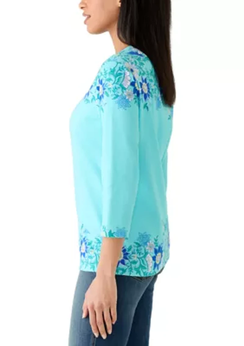 Women's Three-Quarter Sleeve Crew Neck Printed Top