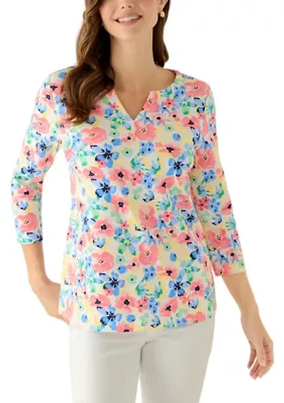 Women's Split Neck Printed T-Shirt