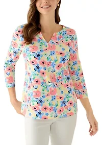 Women's Split Neck Printed T-Shirt