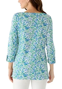 Women's Three-Quarter Sleeve Crew Neck Tunic Top with Tab