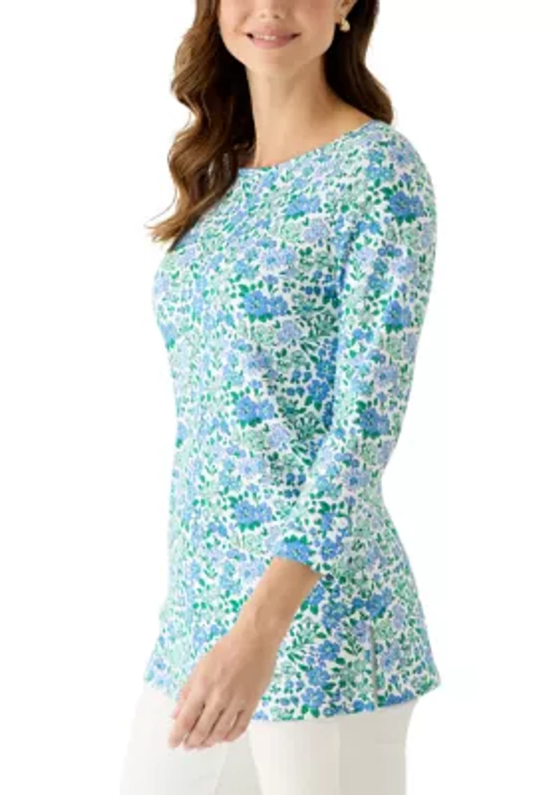 Women's Three-Quarter Sleeve Crew Neck Tunic Top with Tab