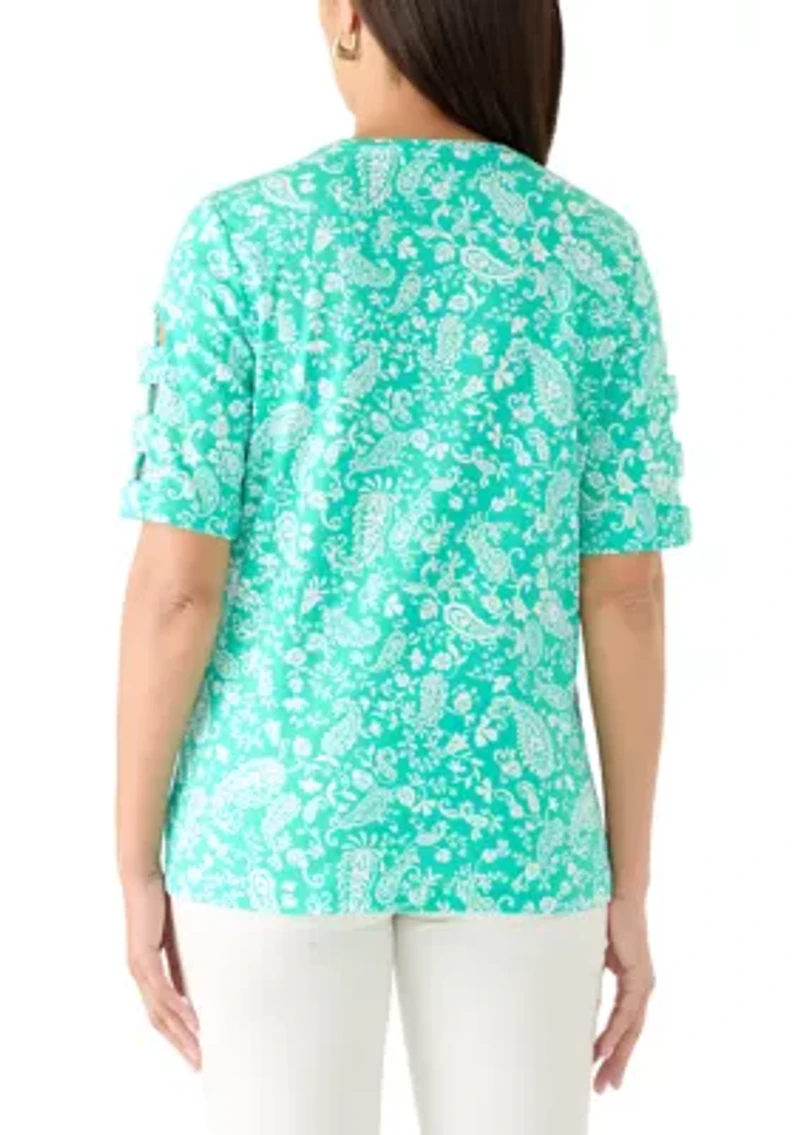 Women's Elbow Sleeve Printed Crew Neck Top